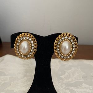 Rhinestone and Pearl Clip on Earrings